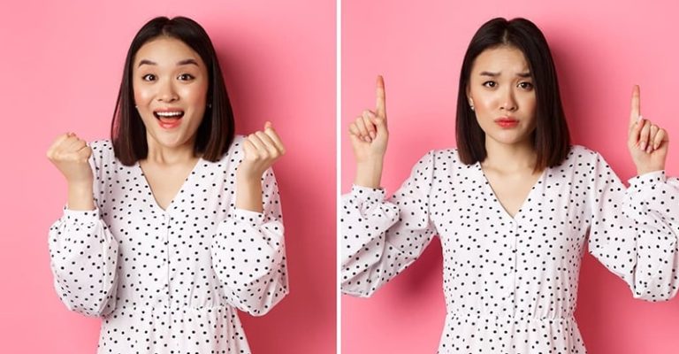 一位女性表現出對比鮮明的情緒，左邊感到充滿活力和興奮，右邊則感到焦慮或不確定。