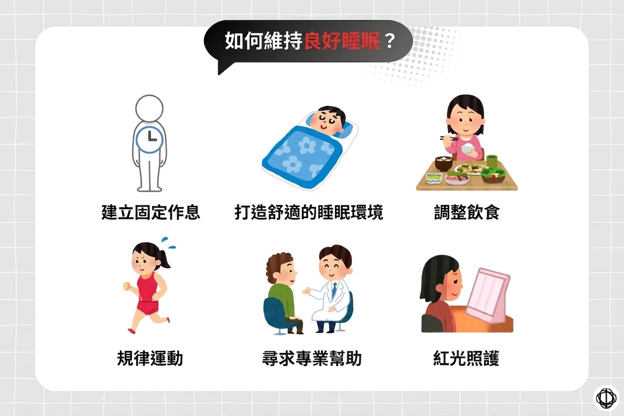調整睡眠品質挑戰的方法，包括建立固定作息、打造舒適的睡眠環境、調整飲食、規律運動、尋求專業醫療幫助，以及使用紅光照護。