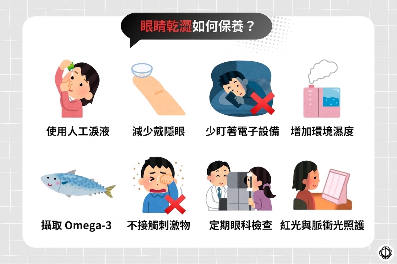 乾眼困擾可以透過使用人工淚液、減少戴隱眼、減少盯著電子設備的時間、增加環境濕度、多攝取 Omega-3、避免眼睛接觸刺激物、定期眼科檢查，以及紅光照護和脈衝光照護來調理。