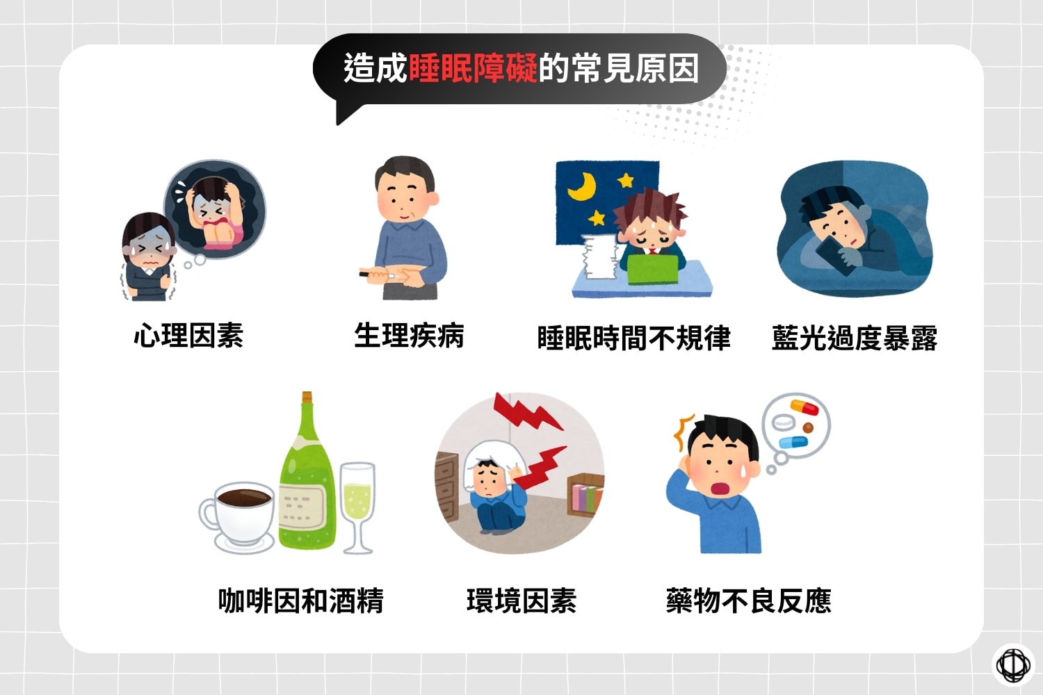 造成睡眠品質挑戰的常見原因,包括心理因素、生理狀況、睡眠時間不規律、藍光過度暴露、咖啡因和酒精、環境因素,以及藥物不良反應。