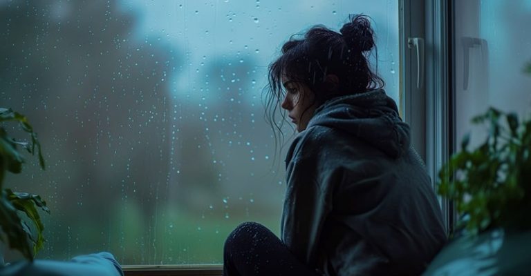 一位女子坐在窗邊，窗外下著小雨，雨滴落在玻璃上，她神情憂鬱，表現出季節性情緒失調的感受。