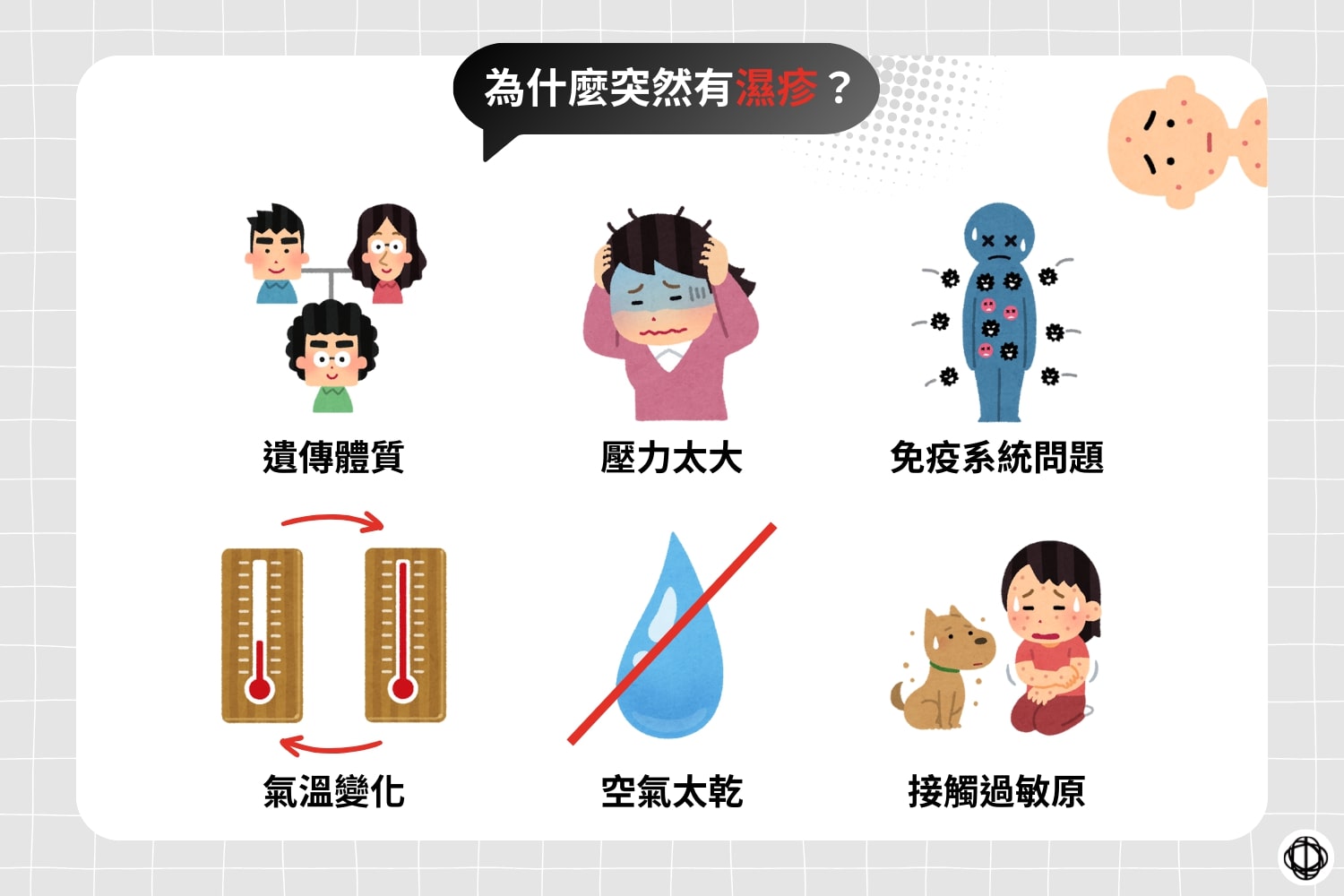 皮膚敏感不適發作的原因，可能包括遺傳體質、壓力太大、免疫系統出問題、氣溫變化、空氣太乾，以及接觸到致敏因子等等。