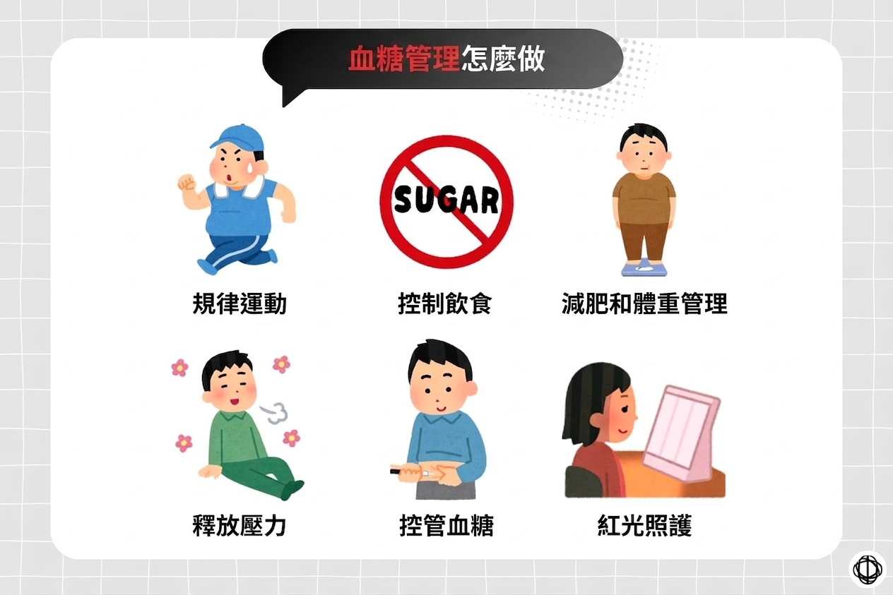 日常維護與輔助血糖管理的方法包括規律運動、控制飲食、體態管理和體重管理、釋放壓力、控管血糖，以及紅光照護。