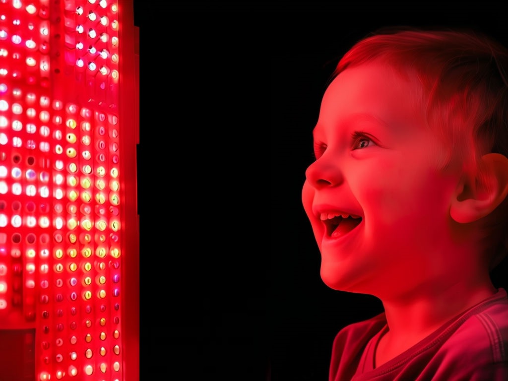 一名自閉症孩童正在愉快地接受紅光療法，表情顯得非常愉悅，展示了紅光療法在輔助自閉症照護症症狀方面的潛在好處。