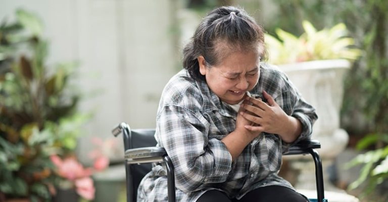 一名年長女子坐在輪椅上，雙手捂著胸口，表情痛苦，疑似心臟病發作。