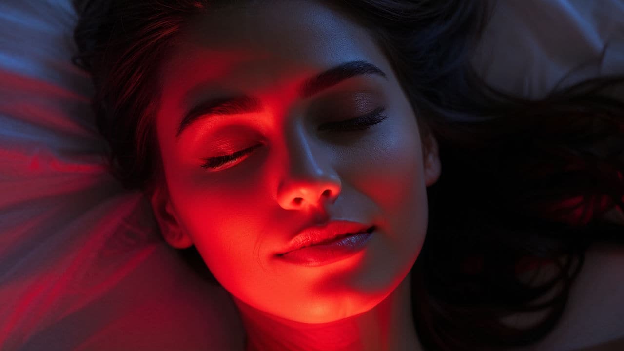 女子閉著眼睛享受溫暖的居家光照放鬆時光，呈現放鬆和舒適的狀態。