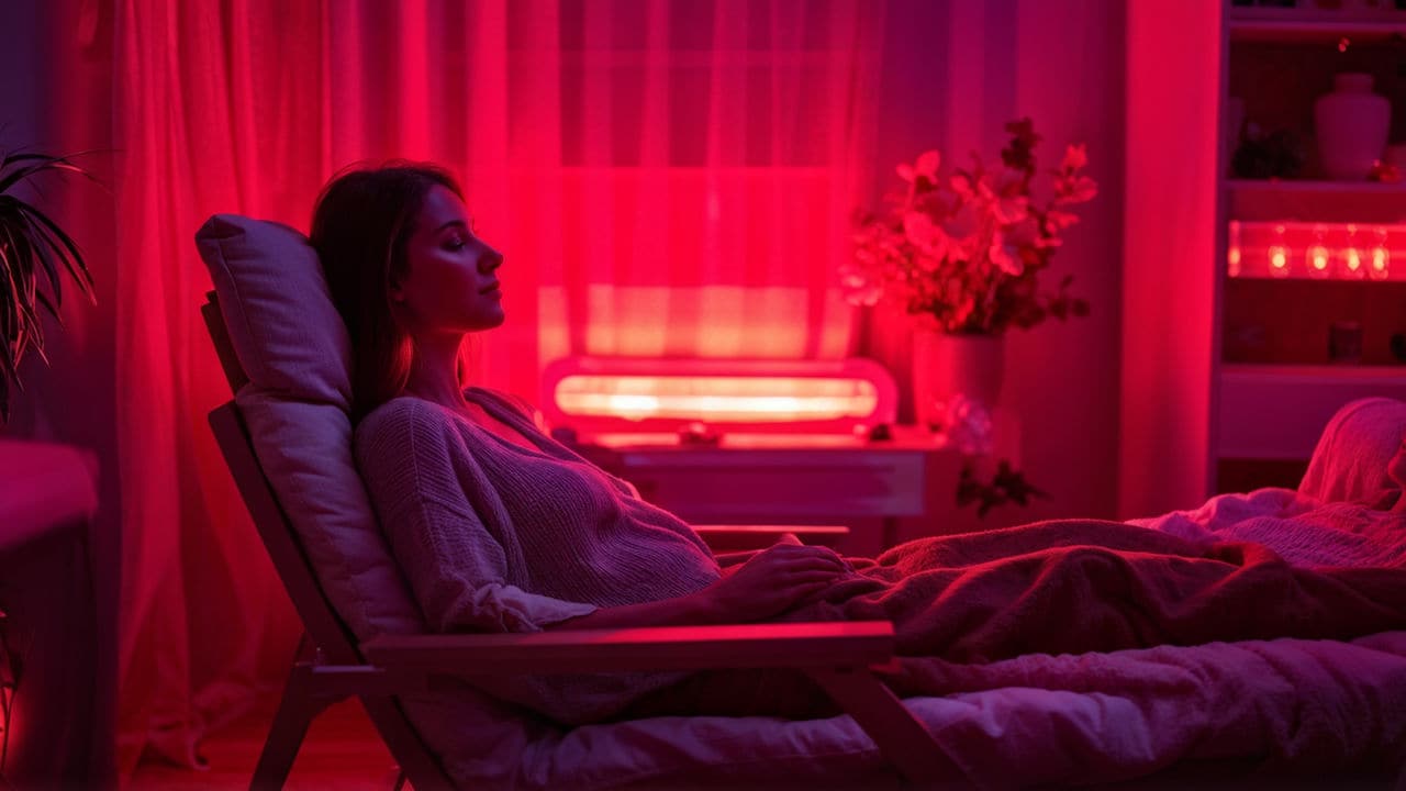 一名產後的新手媽咪閉著眼睛坐在躺椅上進行紅光照護，放鬆心情以緩解產後情緒低落的症狀。