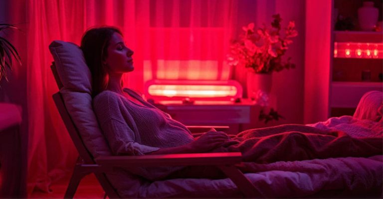 一名產後的新手媽咪閉著眼睛坐在躺椅上進行紅光照護，放鬆心情以緩解產後憂鬱症的症狀。