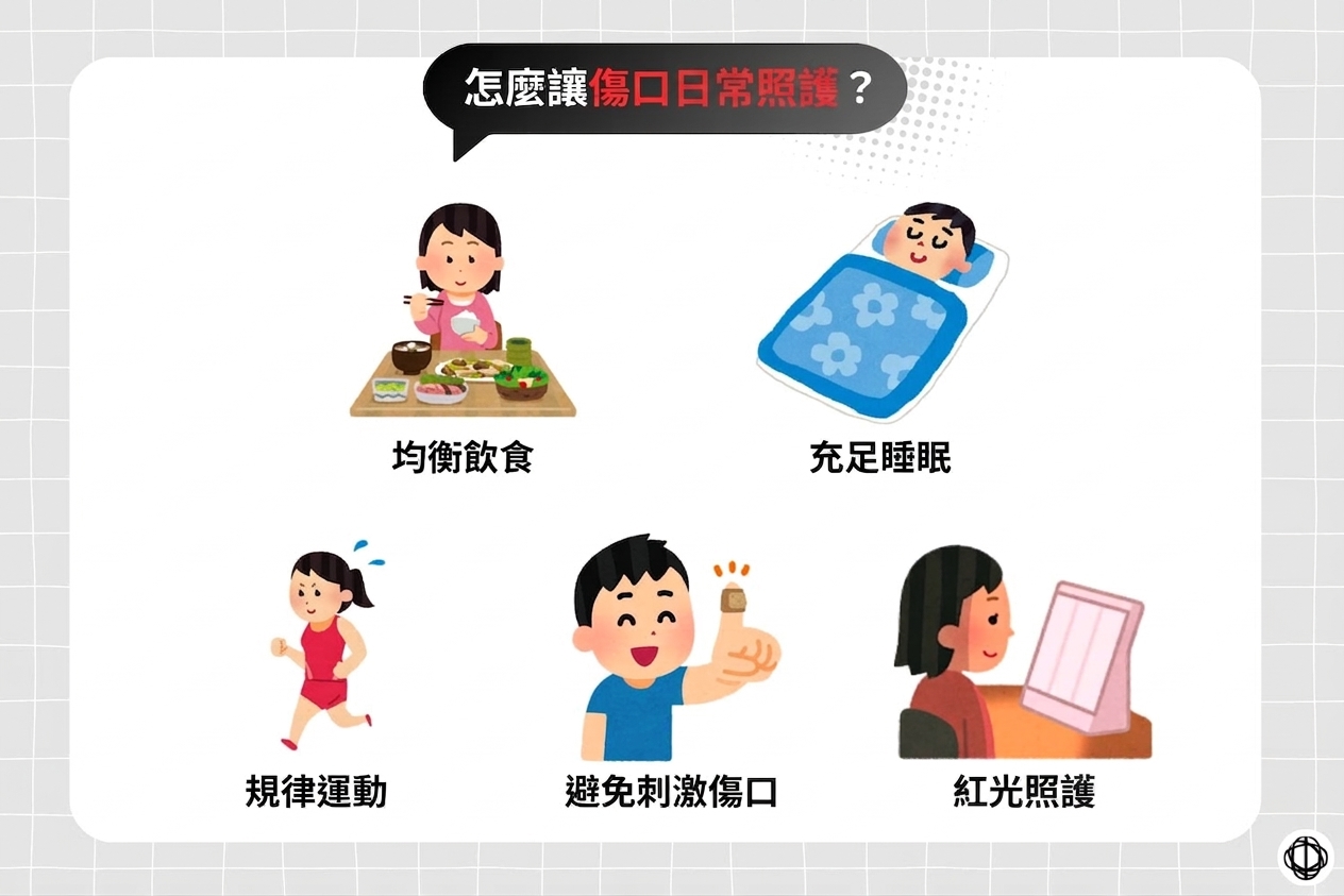 要讓傷口快速修復,可以透過均衡飲食、充足睡眠、規律運動、避免刺激傷口,以及紅光照護。