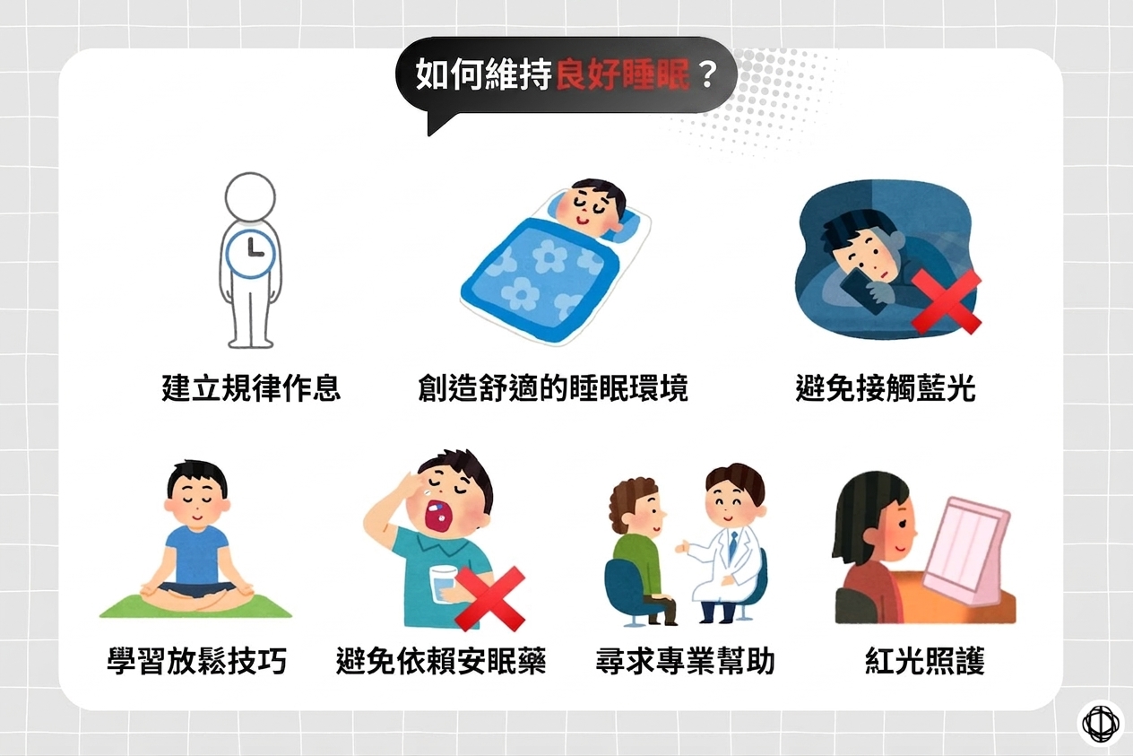 提升睡眠品質的方法，包括建立規律作息、創造舒適的睡眠環境、睡眠避免使用電子設備、學習放鬆技巧，如冥想、瑜珈等、避免依賴安眠藥、尋求專業幫助，以及紅光照護等。