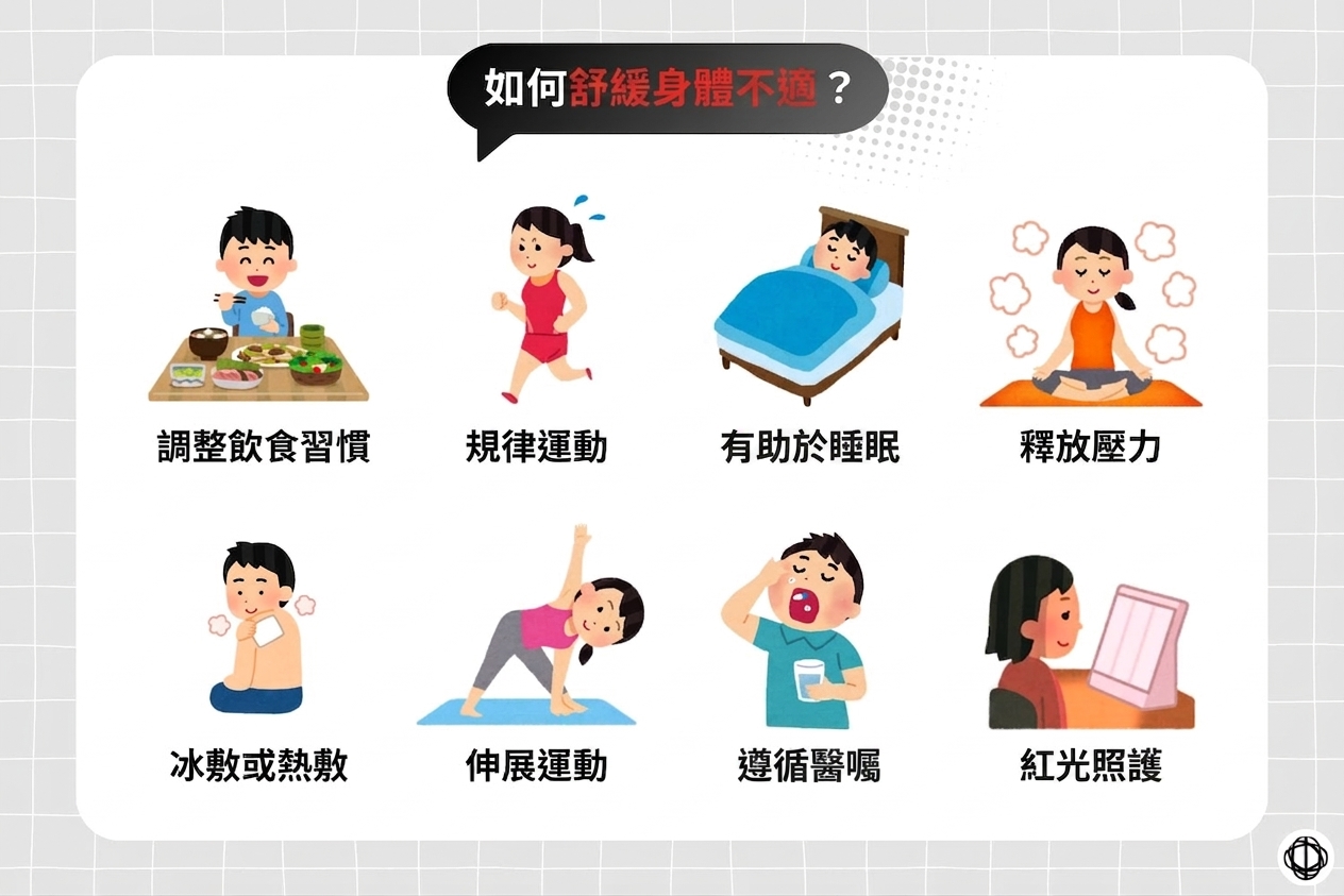 要舒緩身體生理反應，可以透過調整飲食習慣、規律運動、促進睡眠、釋放壓力、冰敷或熱敷、伸展運動、藥物照護，以及紅光照護等來達成。