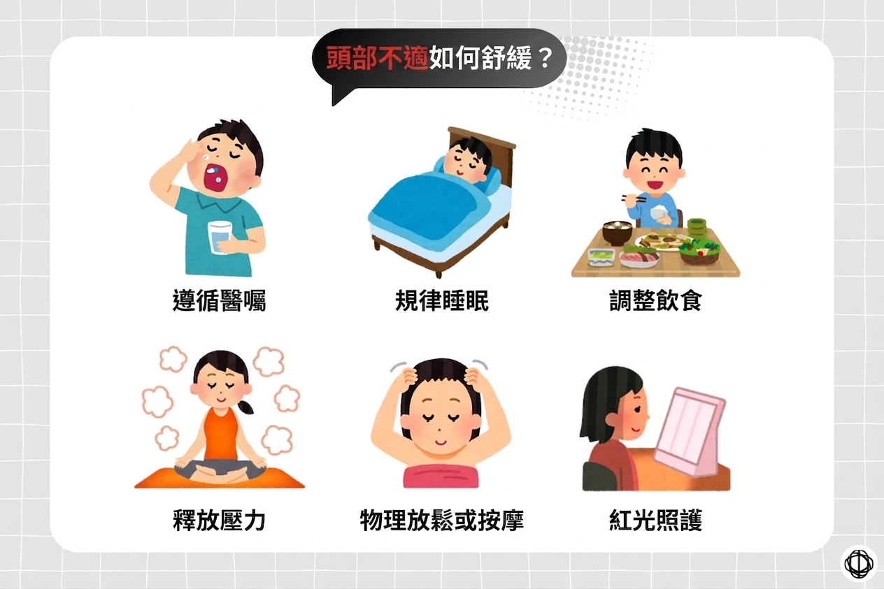 要舒緩頭部不適，可以透過藥物、規律睡眠、調整飲食、釋放壓力、物理照護、按摩，或紅光照護等方式來達成。