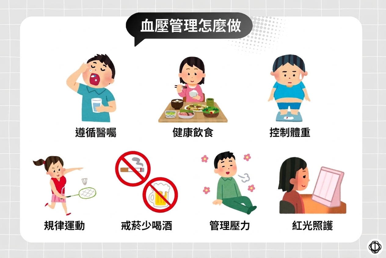 要將血壓偏高降下來，可以透過藥物、健康飲食、控制體重、規律運動、戒菸少喝酒、管理壓力，以及紅光照護。