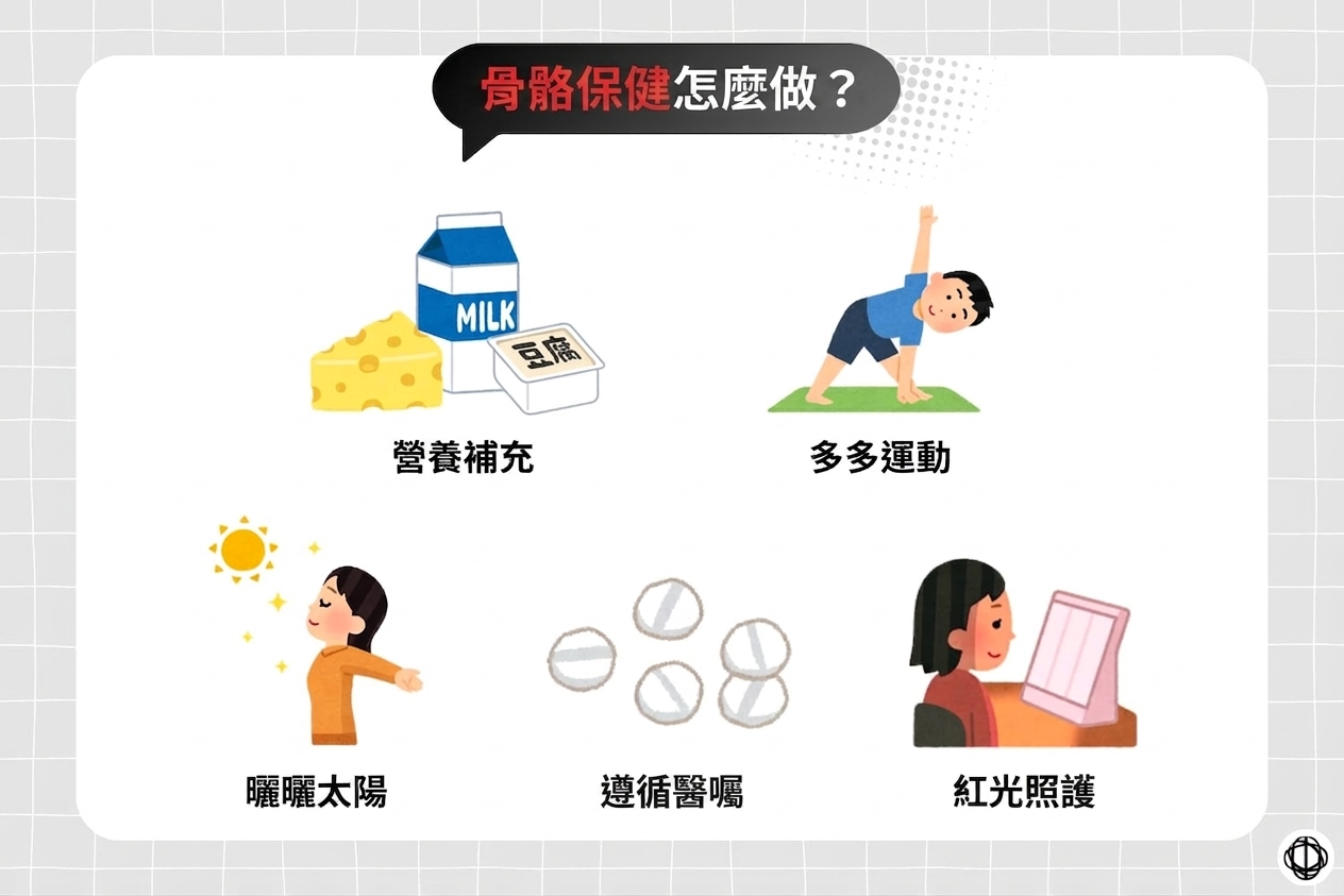 骨質密度挑戰的調養方式，包括營養補充（鈣、維生素D、蛋白質）、多多運動、曬曬太陽、藥物輔助，以及紅光照護等。