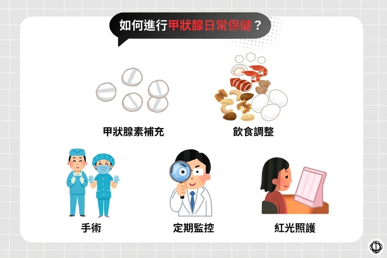 甲狀腺機能偏低的照護方式，包括甲狀腺素補充、飲食調整、手術、定期監控，以及紅光照護。