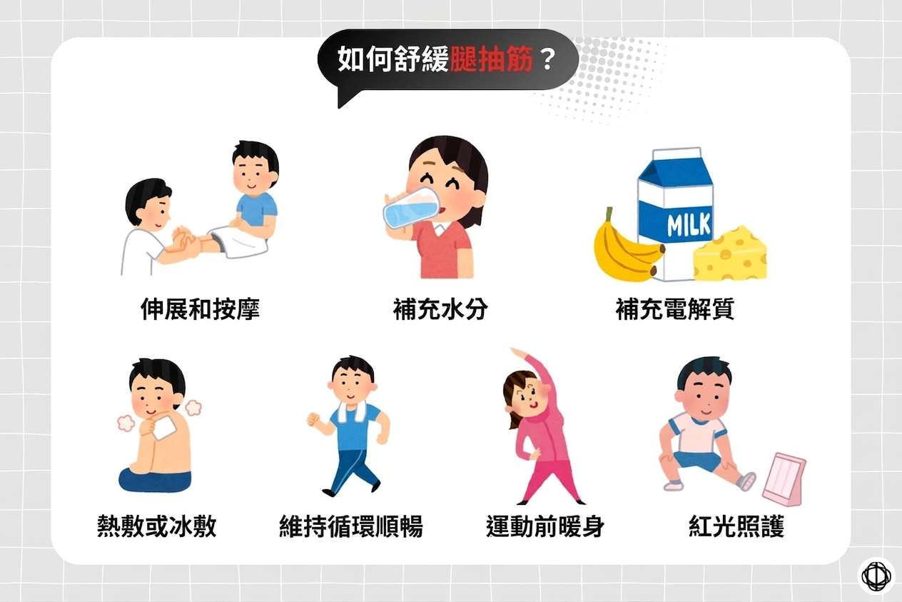 舒緩腿抽筋的方法，包括伸展和按摩、補充水分與電解質、熱敷或冰敷、促進循環順暢、運動前暖身，以及紅光照護。