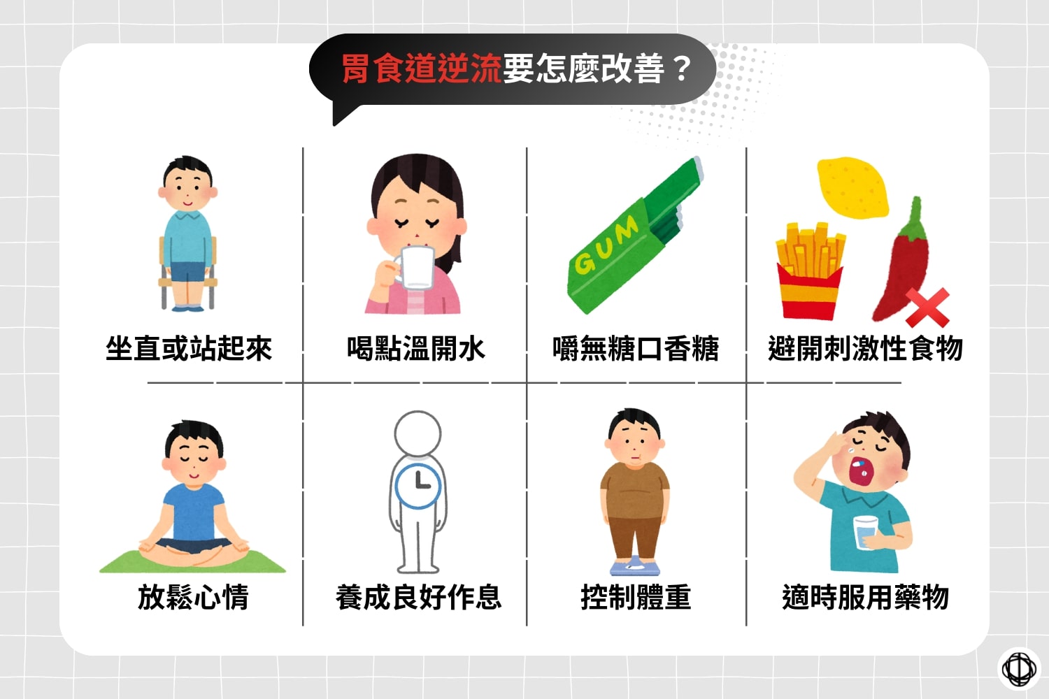胃酸逆流可以透過坐直或站起來、喝溫開水、嚼無糖口香糖、避開刺激性食物（辣、油、酸）、放鬆心情、養成良好作息、控制體重，以及適時服用藥物來調理。