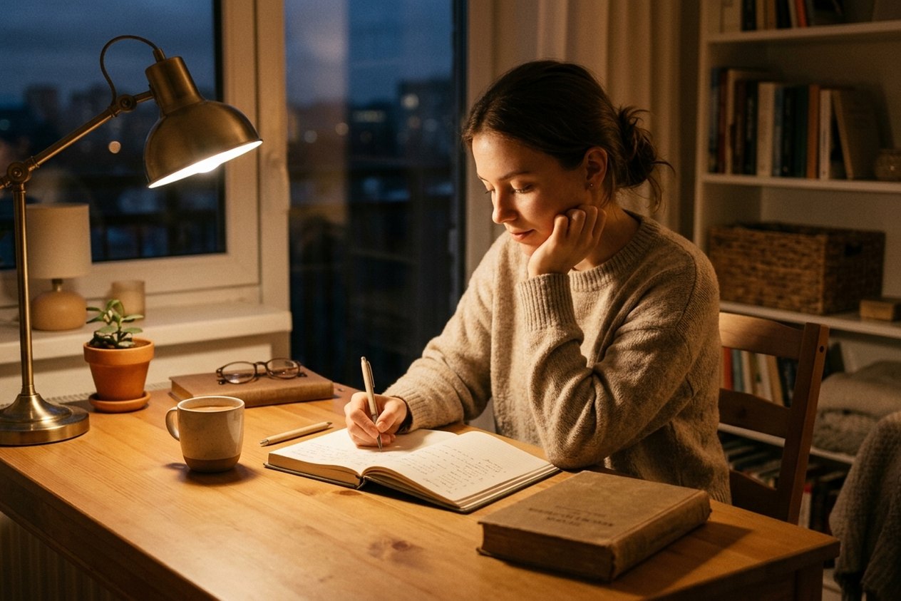 學生在書桌旁享受溫暖的光照氛圍,營造放鬆與舒適的讀書休息時光。