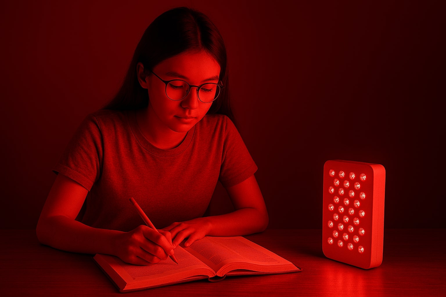 一位女學生在桌前讀書,旁邊擺放紅光燈具營造溫暖的光照氛圍。
