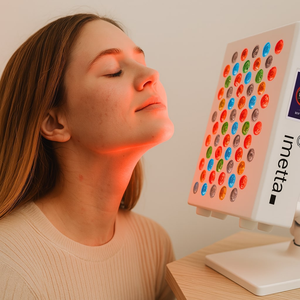 一名女子使用 imetta 紅光儀照射下巴，進行口腔紅光療癒。