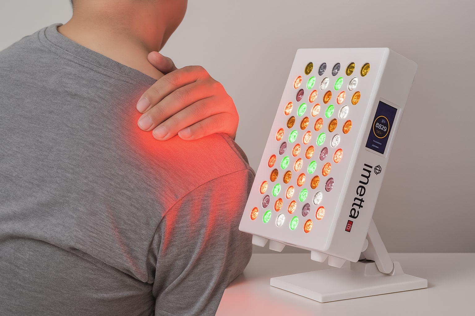 使用 imetta 紅光儀照射肩膀舒緩疼痛的情境圖