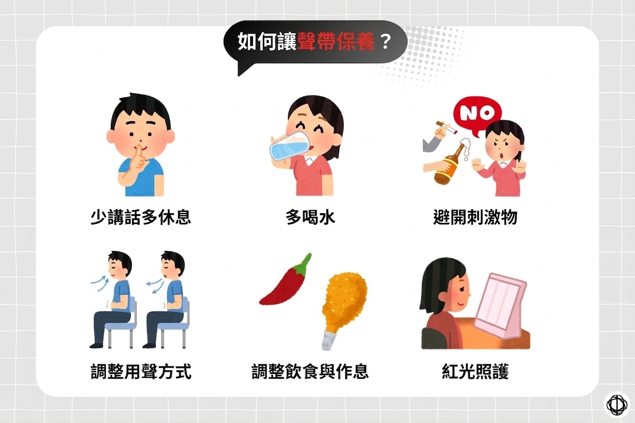 讓聲帶恢復的方法包括少講話多休息、多喝水、避免刺激性物質、調整發聲方式、調理飲食與作息，以及使用紅光照護。