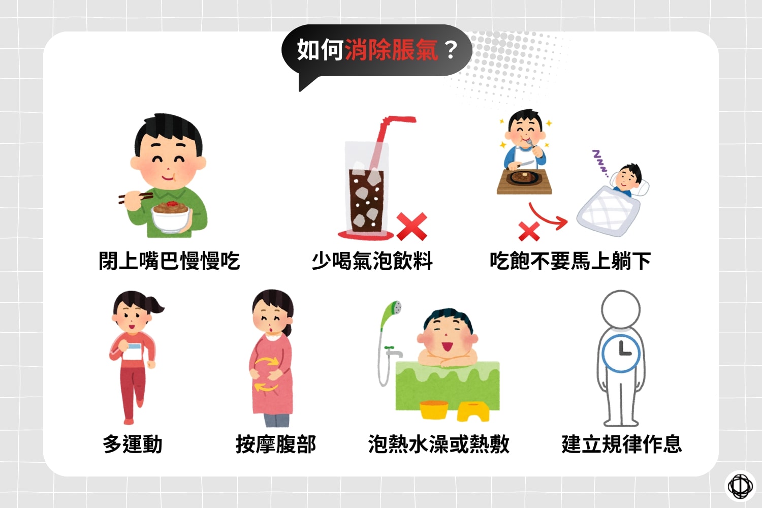有效消除脹氣的方法,包括閉嘴慢慢吃、少喝氣泡飲料、飯後不要立刻躺下、多運動、按摩腹部、泡熱水澡或熱敷、建立規律作息,幫助改善腹脹不適、促進腸胃健康。