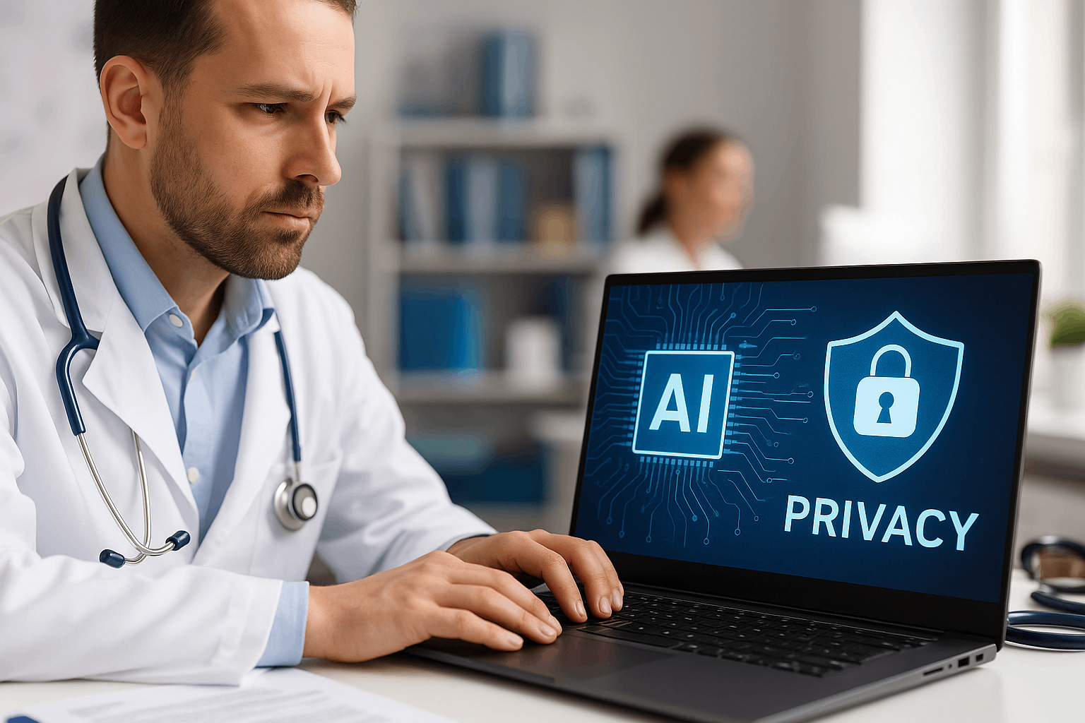 醫生在現代醫療辦公室中使用搭載 AI 技術的醫療系統筆電,螢幕上顯示隱私與資料保護圖示。