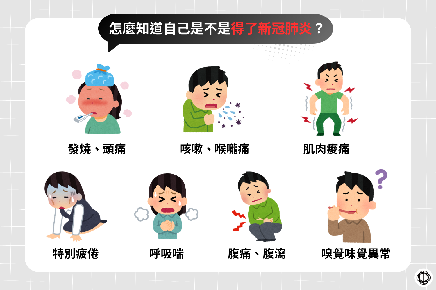新冠肺炎的常見症狀包括發燒、頭痛、咳嗽、喉嚨痛、肌肉痠痛、特別疲倦、呼吸喘、腹痛腹瀉，以及嗅覺或味覺異常。