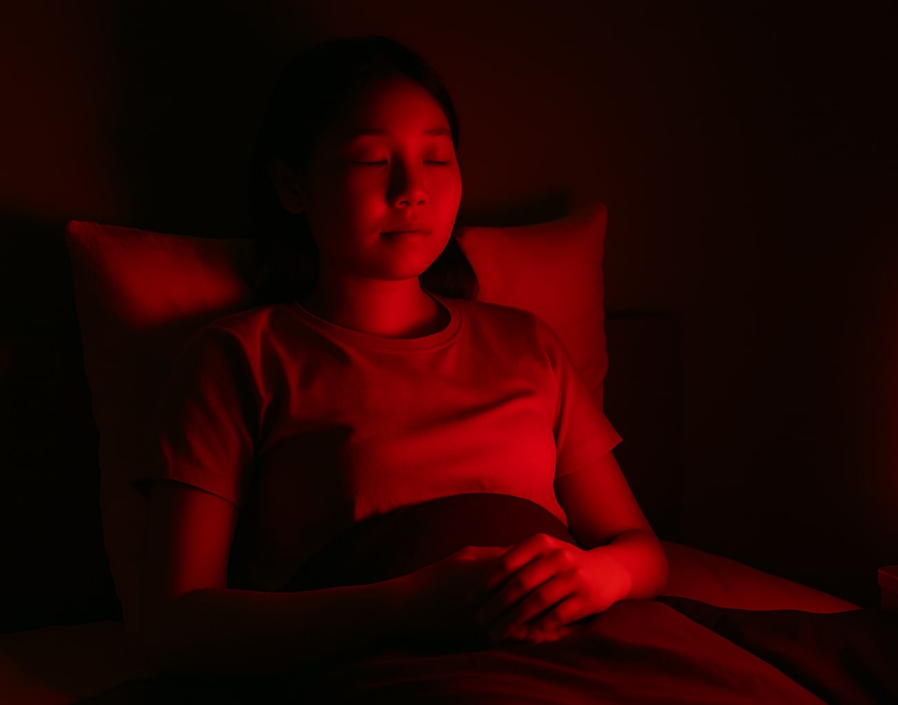一位年輕女子正坐在床上,臉上露出平靜神情,身體被溫暖的紅光照亮,營造出安定的居家睡前氛圍。