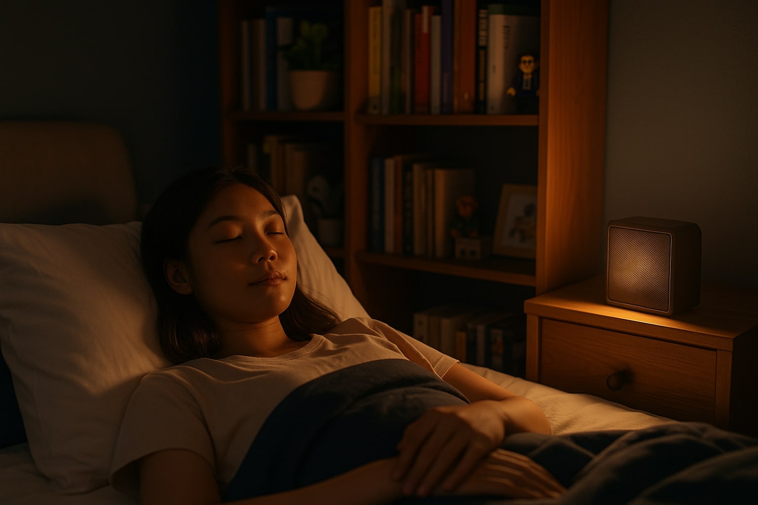 一位女子躺在床上閉上眼睛準備入睡,床邊的音響正在播放聲音,房間燈光柔和昏暗,營造出寧靜的氛圍。