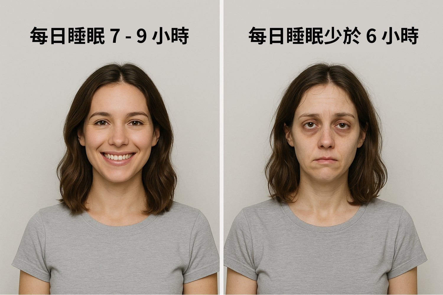 這張對比照片分為左右兩側,展示同一位年輕女子在不同睡眠狀況下的外貌變化。左邊的她睡滿 7 至 9 小時,氣色紅潤、精神飽滿、眼神明亮,面帶自然微笑;右邊的她每天睡不到 6 小時,臉色蒼白、黑眼圈明顯、神情疲憊,整體狀態看起來相當憔悴。
