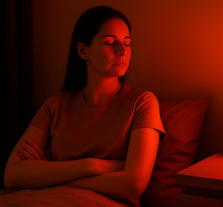 一位女子坐在床上,雙手抱胸、閉上雙眼,臉部被紅光照亮。