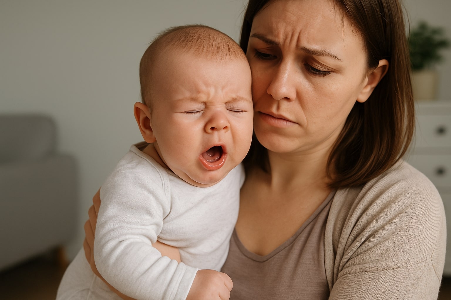 一位媽媽正抱著咳嗽中的嬰兒,寶寶閉著眼睛、嘴巴張開,看起來相當不舒服,媽媽則露出擔憂的表情。