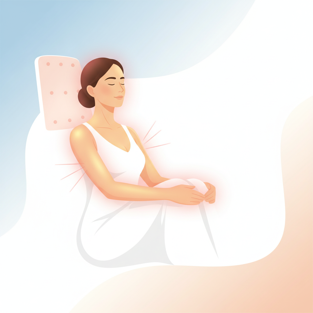 Illustration for a wellness article about: 濕疹反覆作好崩潰認識成因與日常照護「紅光照護」舒緩搔癢新方向. Show a serene person re