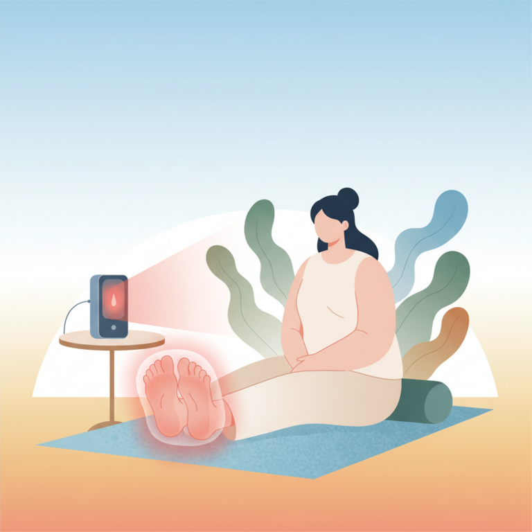 Illustration for a wellness article about: 腳底踩地就痛認識足底筋膜炎成因與舒緩方双「紅光照護」修復新擇. Show a calm, peaceful sc