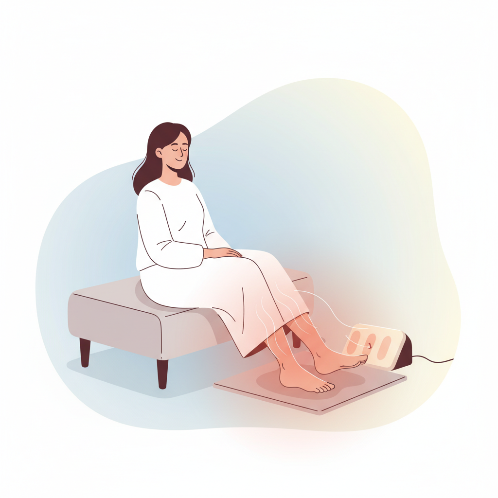 Illustration for a wellness article about: 腳底踩地就痛認識足底筋膜炎成因與舒緩方双「紅光照護」修復新擇. Show a serene person rec