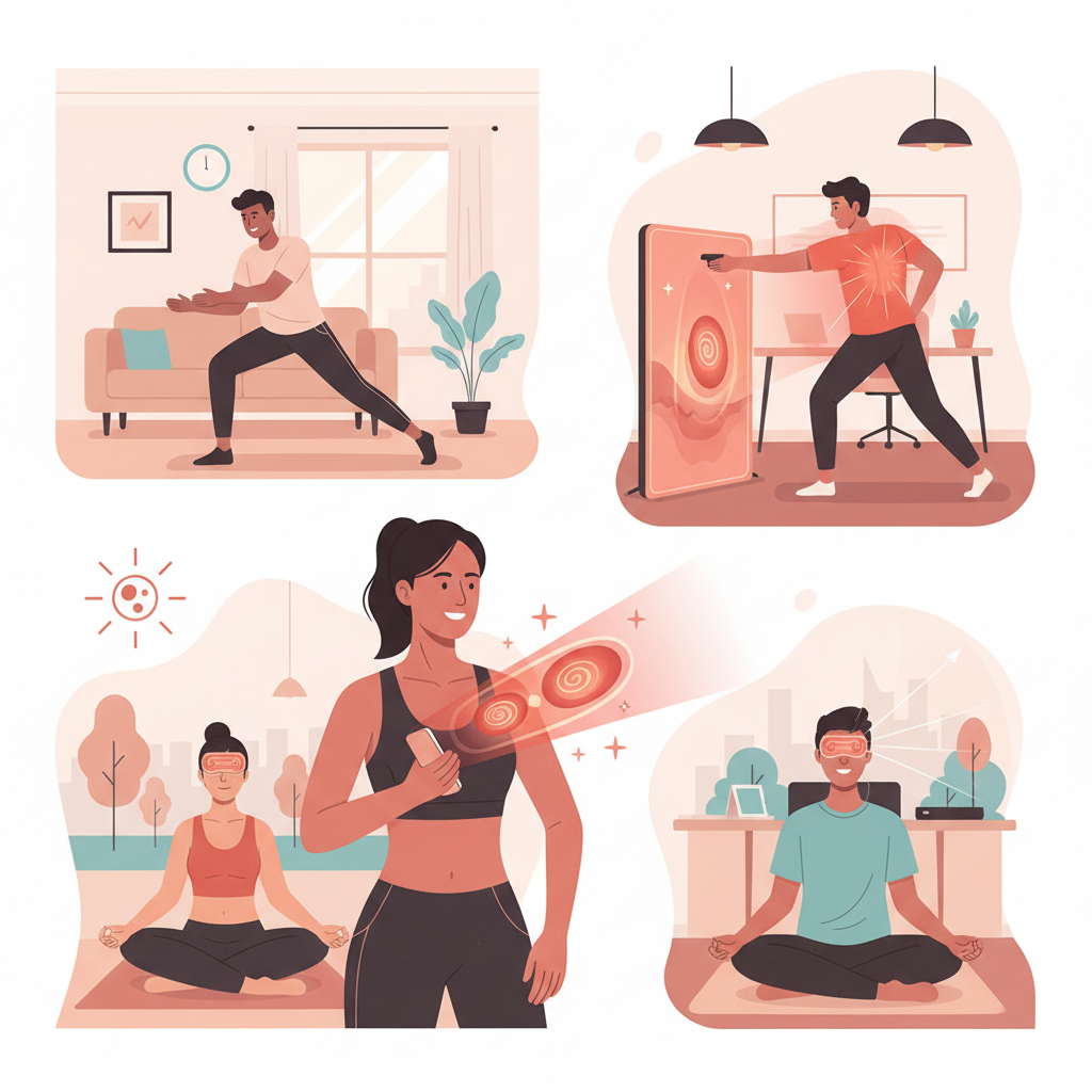 Illustration for a health wellness article. Focus on the red light photobiomodulation care aspect. S