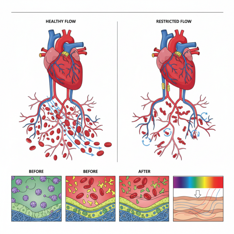 Illustration for a health wellness article. Focus on: cardiovascular and microcirculation. Show circ