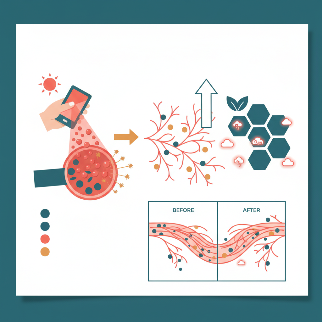Illustration for a health wellness article. Focus on the red light photobiomodulation care aspect. S