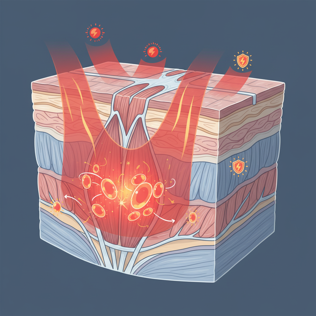 Illustration for a health wellness article. Focus on the red light photobiomodulation care aspect. S