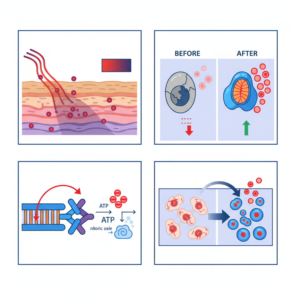 Illustration for a health wellness article. Focus on the red light photobiomodulation care aspect. S