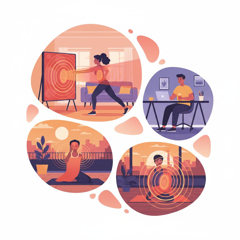 Illustration for a health wellness article. Focus on the red light photobiomodulation care aspect. S
