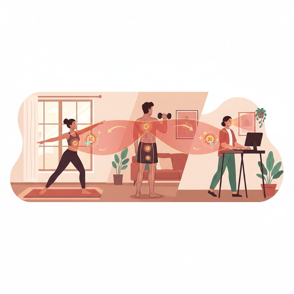 Illustration for a health wellness article. Focus on the red light photobiomodulation care aspect. S