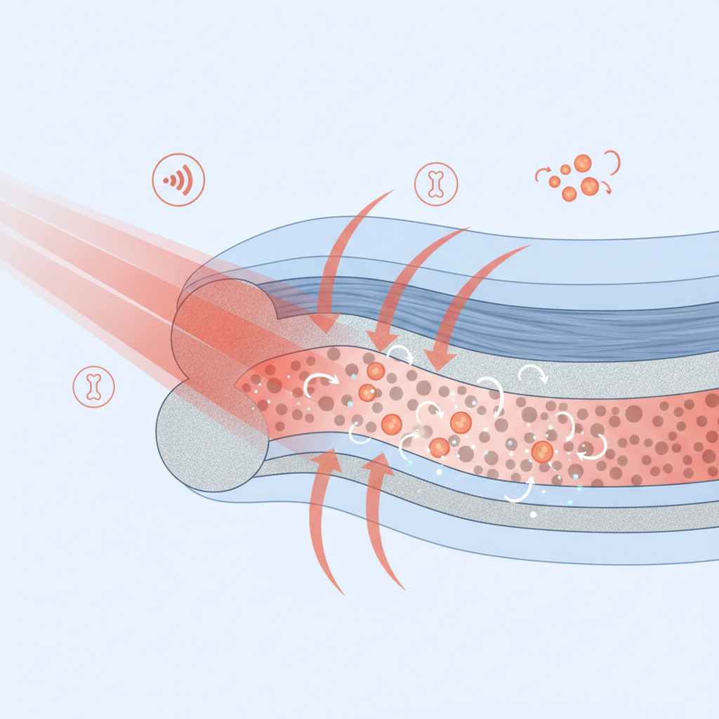 Illustration for a health wellness article. Focus on the red light photobiomodulation care aspect. S