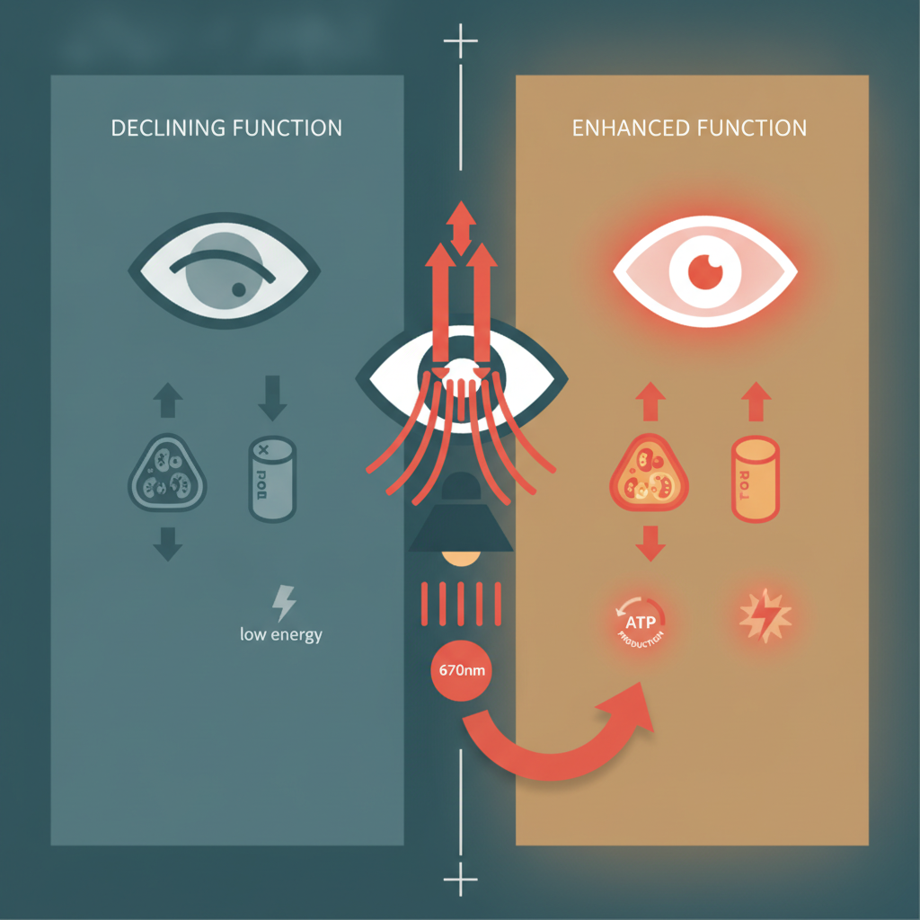 Illustration for a health wellness article. Focus on the red light photobiomodulation care aspect. S